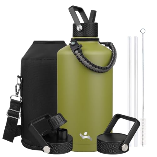 Image of Konokyo Gallon Insulated Water Bottle with Straw,128 oz 3 Lids Water Jug with Carrying Bag,Paracord Handle, Double Wall Vacuum Stainless Steel Metal Flask,Forest Green