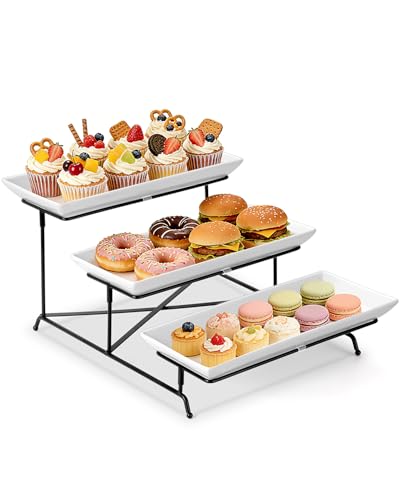Yedio 3 Tier Serving Tray Set 14 Inch Porcelain Tiered Serving Trays Platters, Collapsible Sturdier Stand with Stable Cross Bars, Three Layer Serving for Party Entertaining Food Display Fruit Dessert