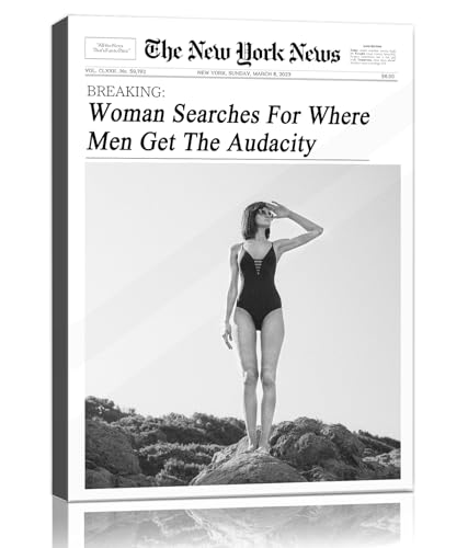 Trendy NewsPaper Wall Art,20x24in Canvas Wall Art,Wood Frame Wrapped Canvas,Retro Vintage New York Magazine Headline News,Woman Searches For Where Men Get The Audacity,for Bedroom Living Room Décor