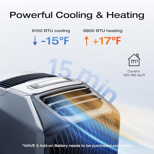 EF ECOFLOW WAVE 3 Portable Air Conditioner with Battery and Drain Pipe, 1800W/6100 BTU Cooling and 2000W/6800 BTU Heating, 1000W Fast Charging in 75 mins, 8H Wireless Running, APP Control