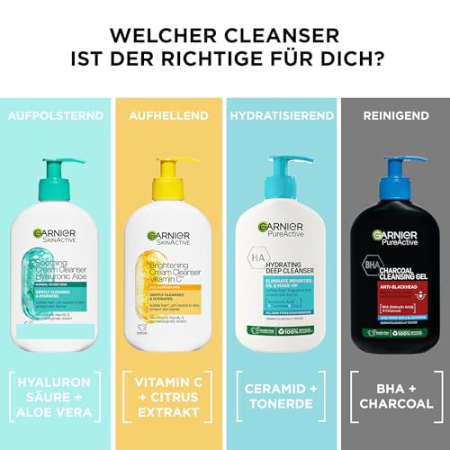 Garnier Gesichtsreinigung für fahle, unebenmäßige Haut, Reinigend und feuchtigkeitsspendend, Mit Vitamin C und Glycerin, Vegane Formel, Glow Booster Cream Cleanser Vitamin C, SkinActive, 250 ml