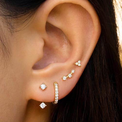 4 Pairs Stud Hoop Earrings Set for Women, Trendy Dangle Jacket Huggie Stacks for Multiple Piercing, Hypoallergenic Cartilage Jewelry Gifts4