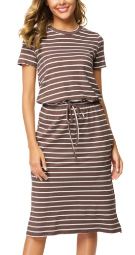 Image of Simier Fariry Womens Summer Hide Belly Knee Length Travel Dress Pocket Short Sleeve Midi Work Casual Outfits