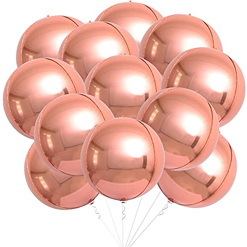 Big, 22 Inch Rose Gold Balloon - Pack of 12 | Rose Gold Foil Balloons | Rose Gold Party Decorations | 360 Degree 4D Sphere Metallic Rose Gold Balloons | Rose Gold Birthday Decoration, Graduation Decor
