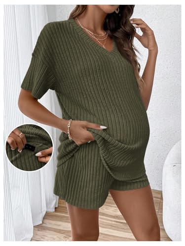 Image of MakeMeChic Women's Maternity 2 Piece Outfits Summer Short Sleeve Rib Knit Tee Top and Short Lounge Sets Clothes