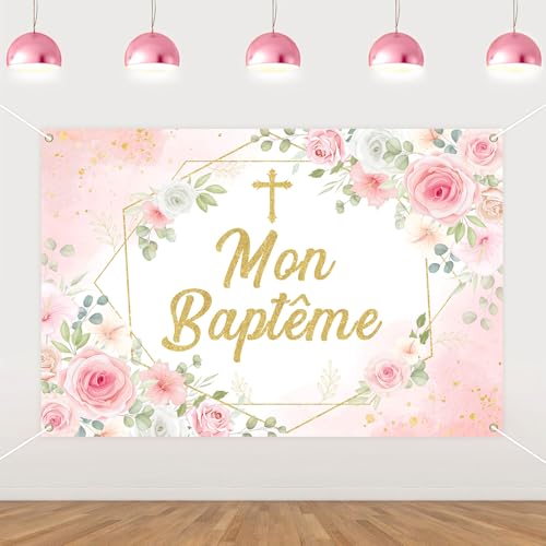 Kreatwow Toile de Fond Mon Baptême 1.5 x 1m Baptême Décoration pour Fille Rose Bapteme Bannière Floral Première Communion Fête Baby Shower Décor Christening God Bless Nouveau-né Décoration
