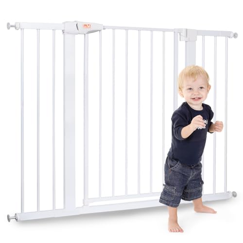LAOYE cancelletto per bambini, Cancelletto per scale senza trapano, altezza extra alta 92 cm, larghezza 75-124 cm con 3 estensioni, per bambini, cani gatti, chiusura automatica arresto a 90°-Bianco