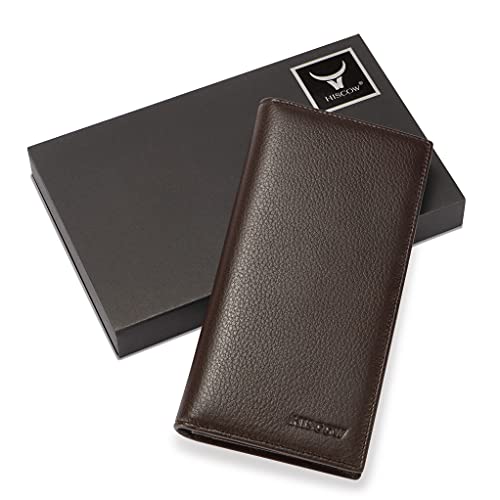 Image of HISCOW Full Grain Leather Men's Long Wallet, 15 Card Slots, Pebbled Coffee, 6.97 inchH x 3.5 inchW x 0.98 inchD, Classic | Gusseted bill compartment, tall bifold design, clear ID window, ideal for coat pockets or briefcases, turned-edge, gift box
