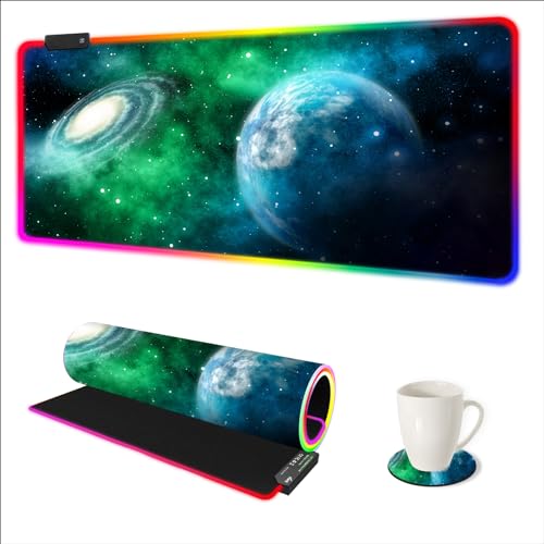 ARTSO Large RGB Gaming Mouse Pad, Led Big Mouse mat with 14 Light Modes, Extended Soft Computer Keyboard Mat Non-Slip Rubber Base, Green Planet Nebula