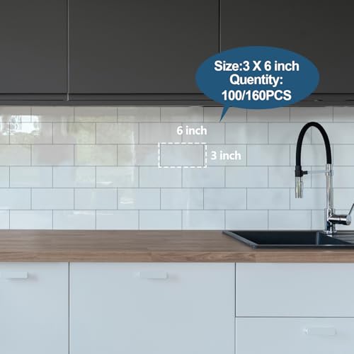 Yipscazo Peel and Stick backsplash 3 x 6 Zoll 3D PVC Composite Wall Tile Stick auf Backsplash Fliese für Küche Bad, Waschküche, Kamin (Polierter Marmor weiß, 100 Stück)