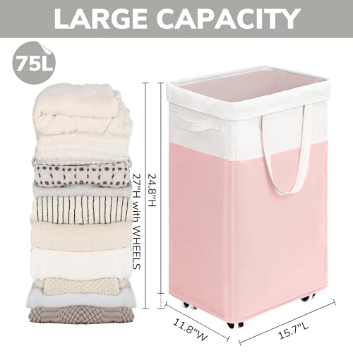 Image of Goodpick Laundry Basket with Wheels 2-Pack, 75L Tall Clothes Hamper, Large Laundry Basket with Removable Wash Bag for Corner Dorm, Rolling Hamper, Pink&White