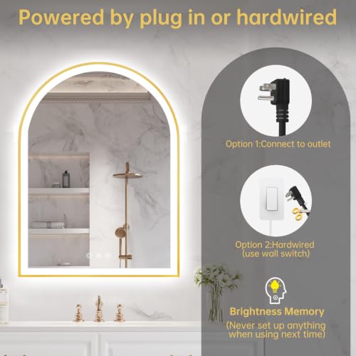 Image of 24 inchx32 inch Arched LED Lighted Bathroom Mirror with Lights | Gold Aluminum Frame, Fogless, Dimmable, Shatterproof, Touch Sensor, 3 Color Changing