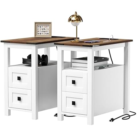 VVFLU Farmhouse Nightstand with Charging Station and 2 Storage Drawers, Bedside Table with Barn Door and Shelf, Rustic End Table Side Table for Bedroom, Living Room, Sofa Cover