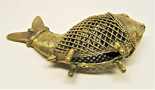 Image of Dhokra Metal Handcrafted Collectible Figurine of Small Netted Golden Fish for Home Decor | Desk Decor (12 cm)