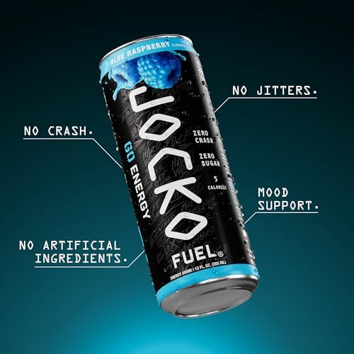 Image of Jocko Fuel GO Energy Drinks, Blue Raspberry - 95mg Caffeine with Added Adaptogens, Vitamin B12 & B6, & L Theanine for Mood & Focus Support, No Sugar, 12 Pack - Packaging May Vary