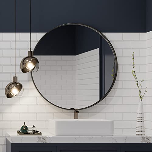 ISKM Schwarzer runder Spiegel für die Wand, schwarzer Kreisspiegel, Metallrahmen, Wandmontage, runder Badezimmerspiegel (rund, 76,2 cm) Cover