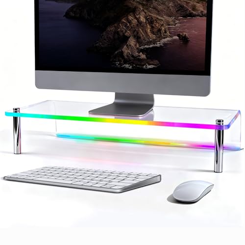 Image of 0.39 inch Extra Thick Acrylic Monitor Stand Riser, Clear | 23.6 inch x 9.1 inch x 3.5 inch Acrylic Desk Shelf with RGB Lighting & Dual Control-App & Button Control,for Office Desktop Organizer
