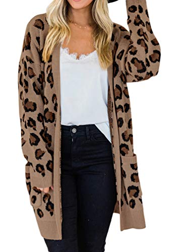 Women's Long Sleeve Open Front Leopard Print Cardigan with Pockets (Small, Brown)