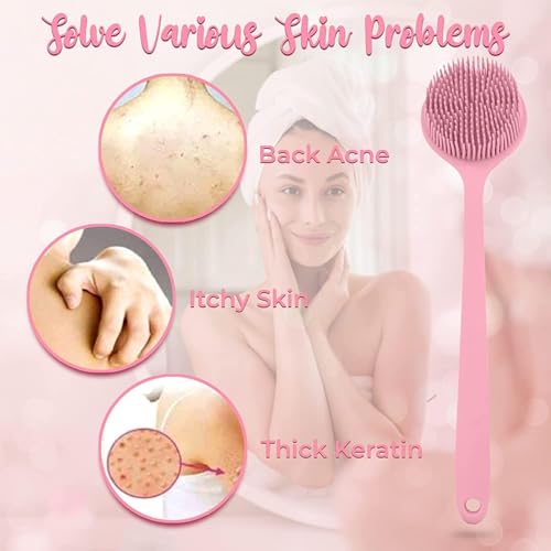 Image of Silicone Back Scrubber, Long Handle Soft Bristles Bath Brush with Massage Beads, Body Shower Washing Brush Wet or Dry Cleaning Spa Brushing for Men and Women (Pink Pack of 1)