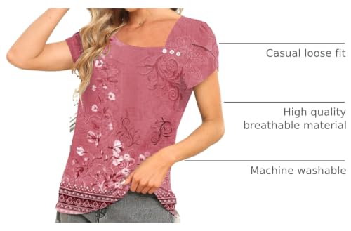 Image of Womens Petal Sleeve Tops Summer Trendy T Shirt Casual Loose Square Neck Button Blouse Tees