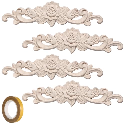 4 Pcs Wood Appliques Unpainted Wooden Onlays for Furniture Decorative Carved Appliques Embellishments for Cabinet Door Wardrobe Crafts 7.87 x 1.97(with Double-Sided Tape)