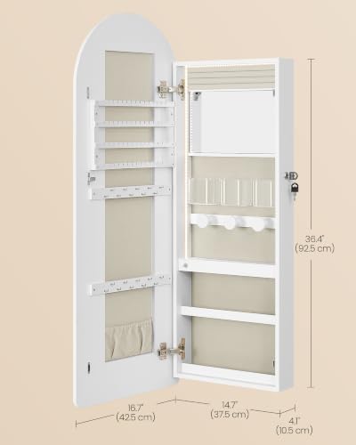 Image of SONGMICS HOME Over the Door Mirror Jewelry Cabinet, Lockable Jewelry Armoire with Arch Mirror, Wall Mounted Organizer with Inner Mirror and LED Lights, 16.7 x 4.1 x 42.7 inches, Cloud White and Tan