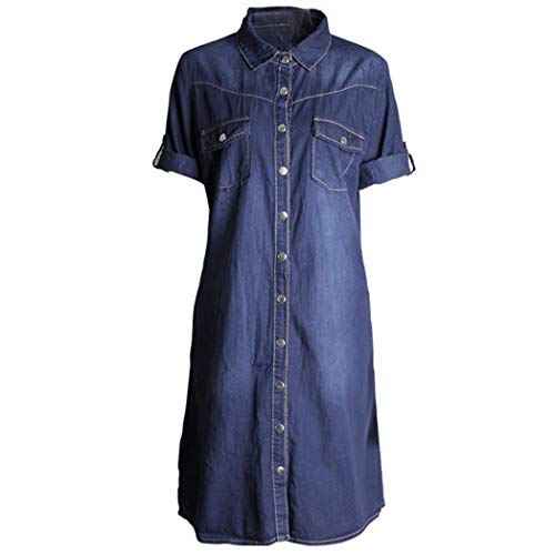 OHQ Robe à Manches Courtes en Jean pour Femme Bleu Clair Femmes Denim Loose Large Boutons Longues Seven-Sleeve Dress Casual Longue Ete Grande Taille Chic Boheme (Bleu, XXL)