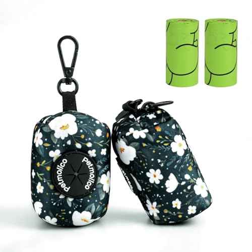 Image of Petmolico Dog Poop Bag Holder Leash Attachment, Dog Waste Bag Dispenser Zippered Pouch, Fits Any Dog Leash, Includes Free Roll of Dog Bags, Poop Bag Dispenser - 2 Packs, Mixed Cyan&Flower
