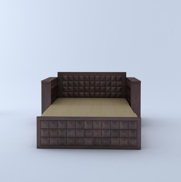 Image of Solid Sheesham Wood Sofa Cum Bed 2 Seater | Wooden Foldable Double Bed for Living Room with Storage | Bed Cum Sofa with Mattress for Home | Full Diamond Design (Walnut Finish)