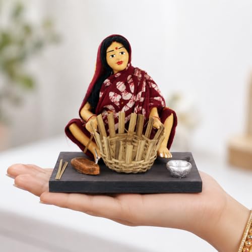 Image of Krishnanagar Handmade Clay Woman Basket Maker Miniature Idol | Basic Terracotta Sitting Human Figurine | Traditional Indian Home Decor & Gift Showpiece