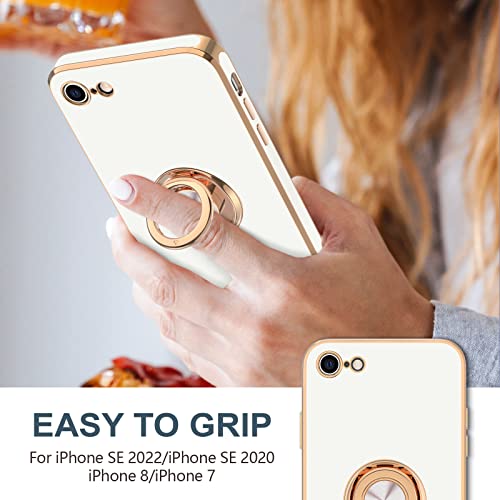 Image of Hython Case for iPhone SE Case 2022 /2020, iPhone 8 7 Case Ring Holder Stand Magnetic Kickstand, Plating Rose Gold Edge Soft TPU Bumper Cover Shockproof Protective Phone Cases Women Girls Boys, White