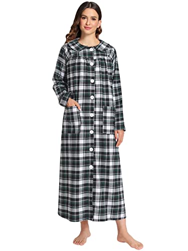 Latuza Women’s Cotton Flannel Button Up Robe Long Sleeves Housecoat S Black Green