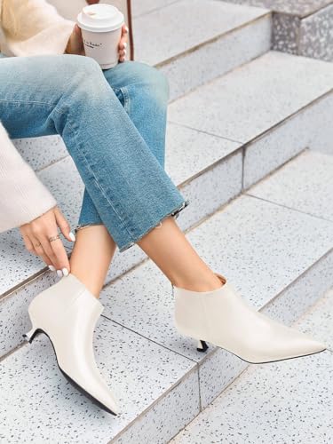 Image of Coutgo Womens Kitten Low Heel Booties Pointed Toe Short Ankle Boots Back Zipper Fall Shoes