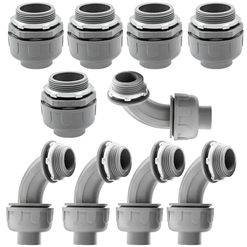 Feotech 10 Pack 1 Inch Liquid Tight Connectors - PVC Electrical Conduit Fittings, Straight, 90 and 180 Degree Non-Metallic Flexible Connectors for Home, Bathroom, and Kitchen, Gray