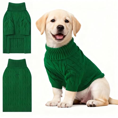 Image of Small Dog Thermal Pullover Sweater, Classic Turtleneck Cable Knitwear Dog Clothes for Cold Weather Warm Pet Clothes for Chihuahua, Bulldog, Dachshund, Pug Green X-Large