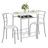 VECELO 3-Piece Dining Table Set for Kitchen Breakfast Nook, Faux Marbled Oval Tabletop and Metal Frame with Built-in Wine Rack, for Small Spaces, White & Silver