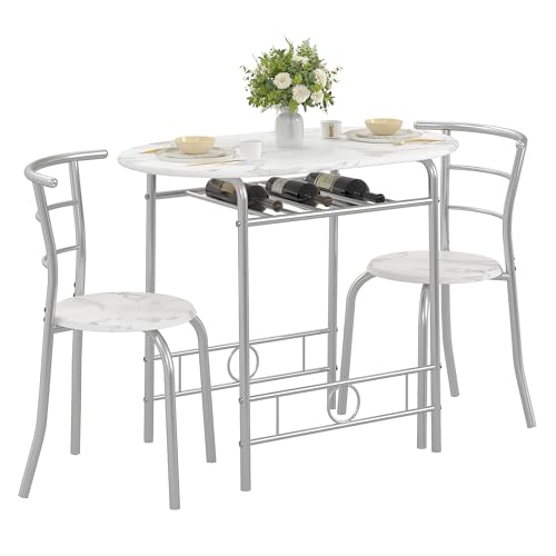 VECELO 3-Piece Dining Table Set for Kitchen Breakfast Nook, Faux Marbled Oval Tabletop and Metal Frame with Built-in Wine Rack, for Small Spaces, White & Silver