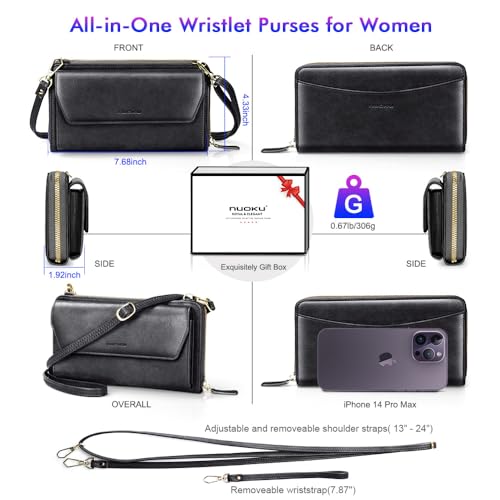 Image of nuoku Womens RFID Wallet Purse Wristlet Crossbody Clutch with Zip Around 2 Strap | RFID