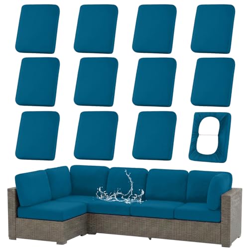 hyha Waterproof Outdoor Cushion Covers for Patio Furniture, Stretch Patio Chair Cushion Slipcovers, Coated UV Resistant Replacement Seat Covers, Solid Color (Peacock Blue, 12PC) by hyha - Used condition - US$44.89