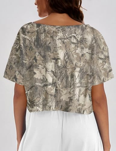 Women Camo Off The Shoulder Shirt Top Short Sleeve Boat Neck Athletic Workout Crop Tees Oversized T Shirts Summer4