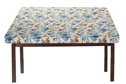 Image of The Furnishing Tree Elastic Cotton Square Dining Table Cover 48x48 in Inches Floral Golden Leaf on offwhite Base