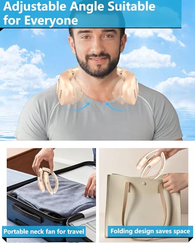 Image of Neck Fan that Blow Cold Air with Mist Spray, Rechargeable with Long Battery Powered, Foldable Water Cooler with LED Display, Leafless Necklace Fans for Women Adult Hot Flashes Summer Outdoor, Apricot