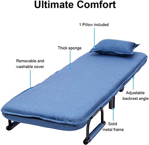 ReunionG Convertible Sleeper Sofa Chair Bed, Folding Arm Lounge Couch Chair with Pillow and 5 Position Adjustable Backrest, Sleeper Leisure Recliner for Living Room Home Office (Blue) - Thumbnail 4