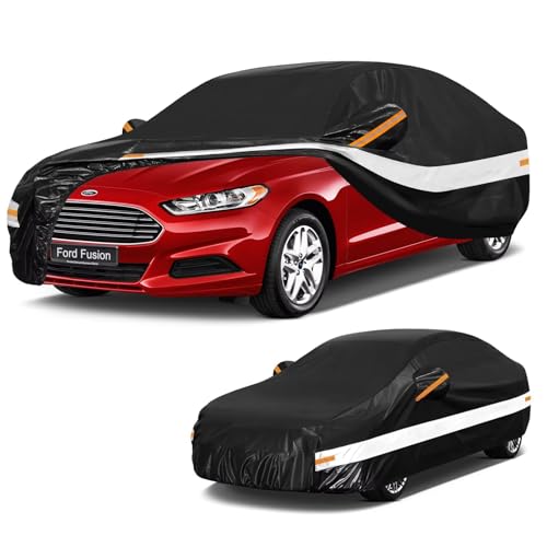 Image of 10 Layers Sedan Car Cover Custom Fit for Ford Fusion (2005-2026), Waterproof All Weather for Automobiles, Outdoor Full Cover Sun Dust Rain Protection with Cotton. Black