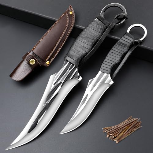 Veisky 2 Piece Full Tang Handle Survival Tactical Knife Set with Sheath for Outdoor Camping Fishing,Fixed Blade Hunting Knife Survival Great gift for Men