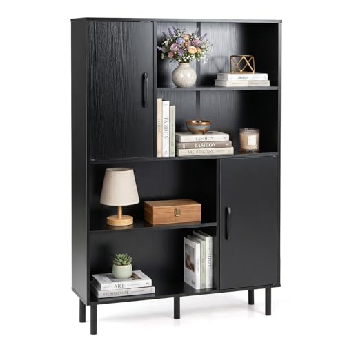 COSTWAY Aparador de Cocina, Armario de Almacenamiento con Compartimentos Abiertos, Puertas y Patas de Metal, Alacena Mueble Auxiliar para Hogar Oficina Salón, 80 x 24 x 119,5 cm (Negro)