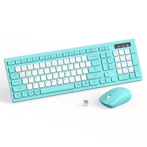 Wireless Keyboard and Mouse Combo, Full-Sized Quiet Wireless Keyboard and Adjustable DPI Mouse, 2.4GHz USB Receiver, Keyboard and Mouse for PC, Windows, Desktop, Laptop (Tiffany Blue and White-B) by RECCAZR - Used condition - US$15.89