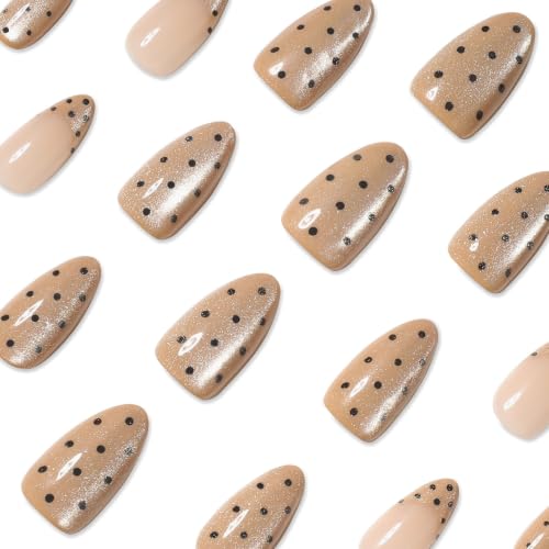 Image of Polka Dot Press on Nails Glitter Fake Nails Medium Almond Nails Press ons | French Tip False Nails with Design Shiny Glossy Full Cover Stick on Nails for Women Manicure 24Pcs,Reusable,Easy Apply