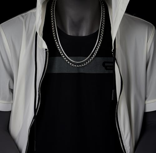 COOLSTEELANDBEYOND Chunky Box and Curb Chain Necklace for Men, Two-Layer Steel Design, Punk Rock Biker Jewelry2