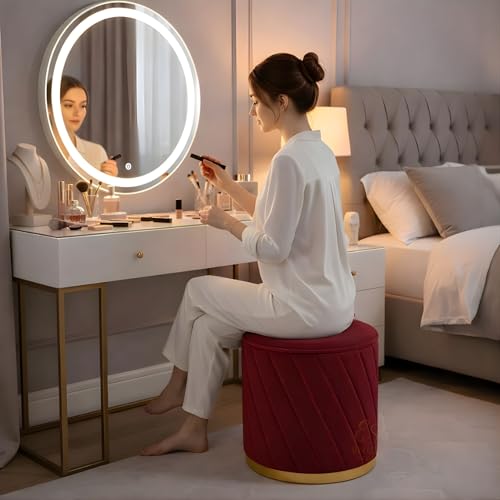 Image of Luxury Round Velvet Ottoman Stool with Gold Base - Modern Upholstered Footrest Pouffe, Tufted Vanity Seat, Living Room Bedroom Dressing Stool (Maroon)